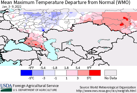 Russian Federation Mean Maximum Temperature Departure from Normal (WMO) Thematic Map For 1/3/2022 - 1/9/2022