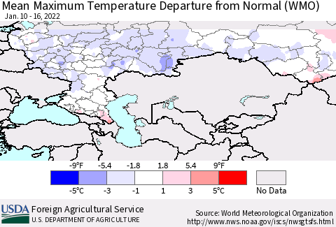 Russian Federation Mean Maximum Temperature Departure from Normal (WMO) Thematic Map For 1/10/2022 - 1/16/2022