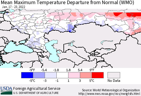 Russian Federation Mean Maximum Temperature Departure from Normal (WMO) Thematic Map For 1/17/2022 - 1/23/2022
