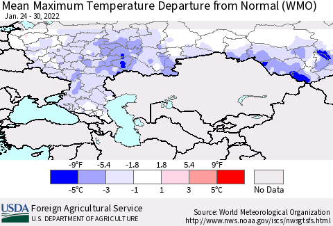 Russian Federation Mean Maximum Temperature Departure from Normal (WMO) Thematic Map For 1/24/2022 - 1/30/2022