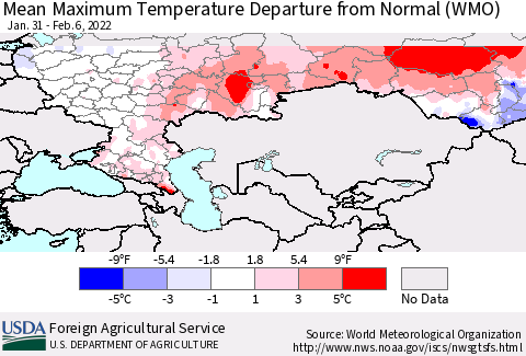 Russian Federation Mean Maximum Temperature Departure from Normal (WMO) Thematic Map For 1/31/2022 - 2/6/2022