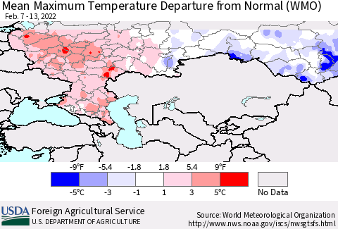 Russian Federation Mean Maximum Temperature Departure from Normal (WMO) Thematic Map For 2/7/2022 - 2/13/2022