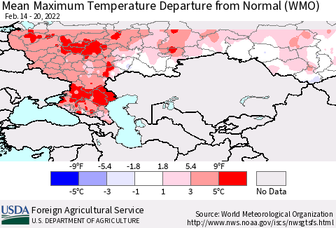 Russian Federation Mean Maximum Temperature Departure from Normal (WMO) Thematic Map For 2/14/2022 - 2/20/2022