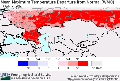 Russian Federation Mean Maximum Temperature Departure from Normal (WMO) Thematic Map For 2/21/2022 - 2/27/2022