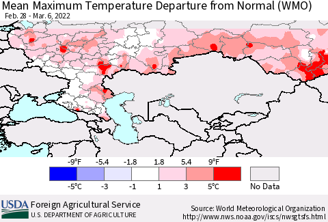 Russian Federation Mean Maximum Temperature Departure from Normal (WMO) Thematic Map For 2/28/2022 - 3/6/2022