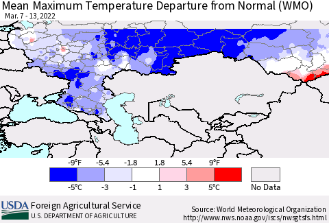 Russian Federation Mean Maximum Temperature Departure from Normal (WMO) Thematic Map For 3/7/2022 - 3/13/2022