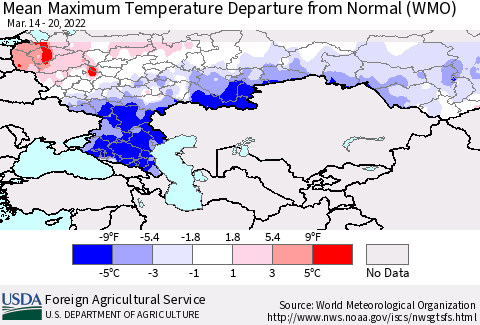 Russian Federation Mean Maximum Temperature Departure from Normal (WMO) Thematic Map For 3/14/2022 - 3/20/2022