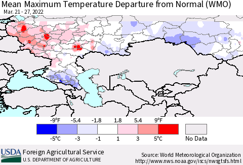 Russian Federation Mean Maximum Temperature Departure from Normal (WMO) Thematic Map For 3/21/2022 - 3/27/2022