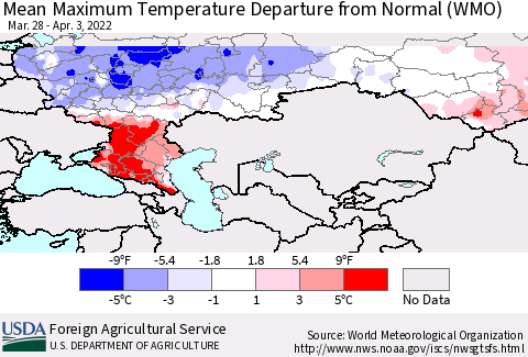 Russian Federation Mean Maximum Temperature Departure from Normal (WMO) Thematic Map For 3/28/2022 - 4/3/2022