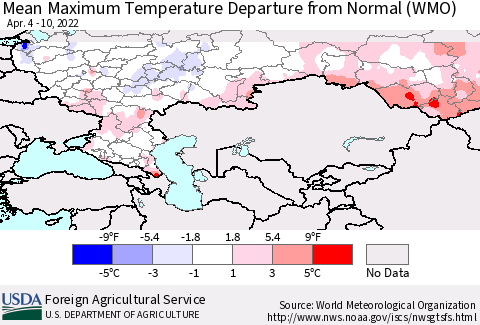 Russian Federation Mean Maximum Temperature Departure from Normal (WMO) Thematic Map For 4/4/2022 - 4/10/2022