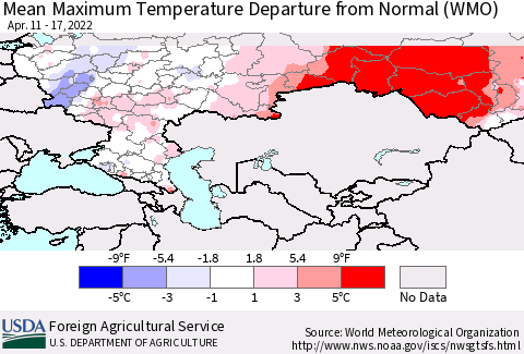 Russian Federation Mean Maximum Temperature Departure from Normal (WMO) Thematic Map For 4/11/2022 - 4/17/2022