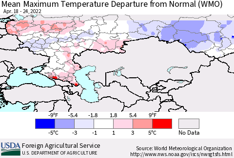 Russian Federation Mean Maximum Temperature Departure from Normal (WMO) Thematic Map For 4/18/2022 - 4/24/2022