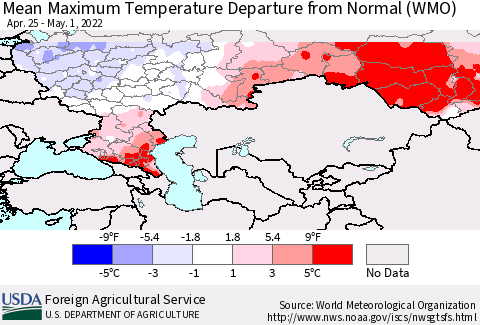 Russian Federation Mean Maximum Temperature Departure from Normal (WMO) Thematic Map For 4/25/2022 - 5/1/2022