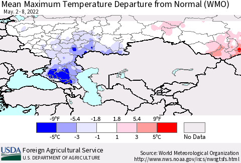 Russian Federation Mean Maximum Temperature Departure from Normal (WMO) Thematic Map For 5/2/2022 - 5/8/2022