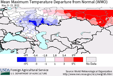 Russian Federation Mean Maximum Temperature Departure from Normal (WMO) Thematic Map For 5/9/2022 - 5/15/2022
