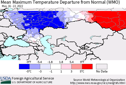 Russian Federation Mean Maximum Temperature Departure from Normal (WMO) Thematic Map For 5/16/2022 - 5/22/2022
