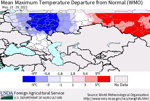 Russian Federation Mean Maximum Temperature Departure from Normal (WMO) Thematic Map For 5/23/2022 - 5/29/2022