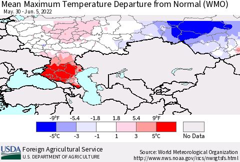 Russian Federation Mean Maximum Temperature Departure from Normal (WMO) Thematic Map For 5/30/2022 - 6/5/2022
