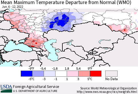 Russian Federation Mean Maximum Temperature Departure from Normal (WMO) Thematic Map For 6/6/2022 - 6/12/2022