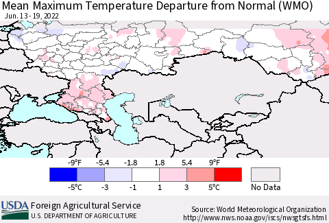 Russian Federation Mean Maximum Temperature Departure from Normal (WMO) Thematic Map For 6/13/2022 - 6/19/2022