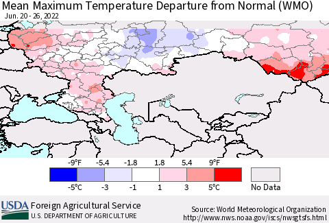 Russian Federation Mean Maximum Temperature Departure from Normal (WMO) Thematic Map For 6/20/2022 - 6/26/2022