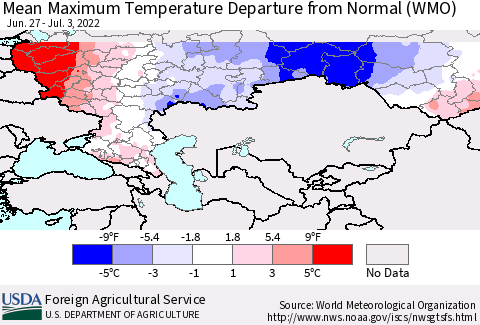 Russian Federation Mean Maximum Temperature Departure from Normal (WMO) Thematic Map For 6/27/2022 - 7/3/2022