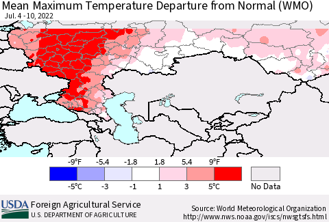 Russian Federation Mean Maximum Temperature Departure from Normal (WMO) Thematic Map For 7/4/2022 - 7/10/2022