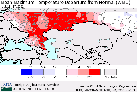 Russian Federation Mean Maximum Temperature Departure from Normal (WMO) Thematic Map For 7/11/2022 - 7/17/2022