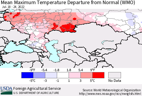 Russian Federation Mean Maximum Temperature Departure from Normal (WMO) Thematic Map For 7/18/2022 - 7/24/2022