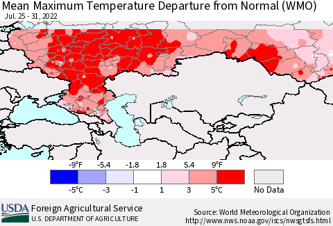 Russian Federation Mean Maximum Temperature Departure from Normal (WMO) Thematic Map For 7/25/2022 - 7/31/2022