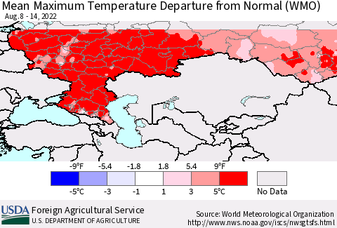 Russian Federation Mean Maximum Temperature Departure from Normal (WMO) Thematic Map For 8/8/2022 - 8/14/2022