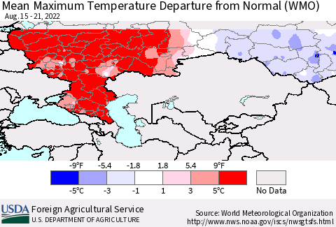Russian Federation Mean Maximum Temperature Departure from Normal (WMO) Thematic Map For 8/15/2022 - 8/21/2022