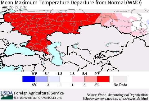 Russian Federation Mean Maximum Temperature Departure from Normal (WMO) Thematic Map For 8/22/2022 - 8/28/2022