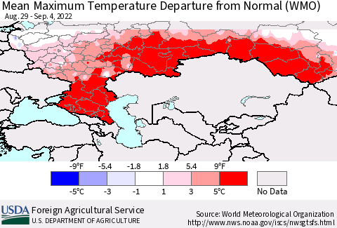 Russian Federation Mean Maximum Temperature Departure from Normal (WMO) Thematic Map For 8/29/2022 - 9/4/2022