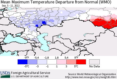 Russian Federation Mean Maximum Temperature Departure from Normal (WMO) Thematic Map For 9/5/2022 - 9/11/2022