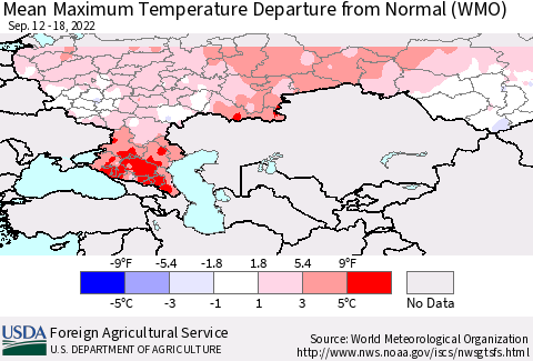 Russian Federation Mean Maximum Temperature Departure from Normal (WMO) Thematic Map For 9/12/2022 - 9/18/2022