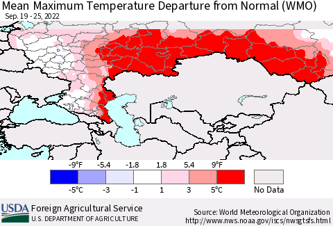 Russian Federation Mean Maximum Temperature Departure from Normal (WMO) Thematic Map For 9/19/2022 - 9/25/2022