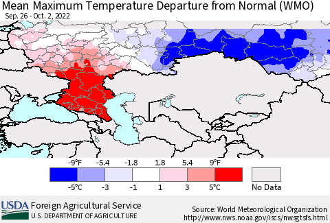 Russian Federation Mean Maximum Temperature Departure from Normal (WMO) Thematic Map For 9/26/2022 - 10/2/2022