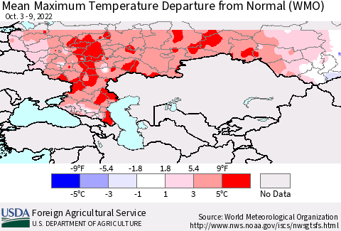 Russian Federation Mean Maximum Temperature Departure from Normal (WMO) Thematic Map For 10/3/2022 - 10/9/2022