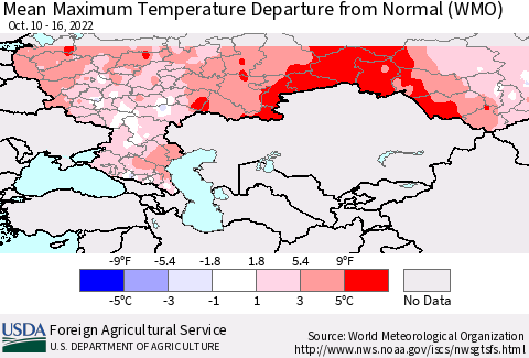 Russian Federation Mean Maximum Temperature Departure from Normal (WMO) Thematic Map For 10/10/2022 - 10/16/2022