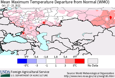 Russian Federation Mean Maximum Temperature Departure from Normal (WMO) Thematic Map For 10/17/2022 - 10/23/2022