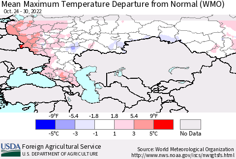 Russian Federation Mean Maximum Temperature Departure from Normal (WMO) Thematic Map For 10/24/2022 - 10/30/2022