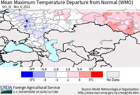 Russian Federation Mean Maximum Temperature Departure from Normal (WMO) Thematic Map For 10/31/2022 - 11/6/2022