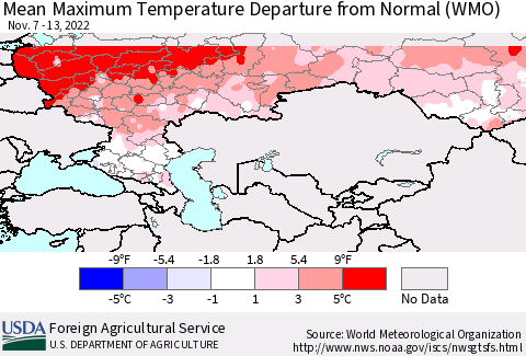 Russian Federation Mean Maximum Temperature Departure from Normal (WMO) Thematic Map For 11/7/2022 - 11/13/2022