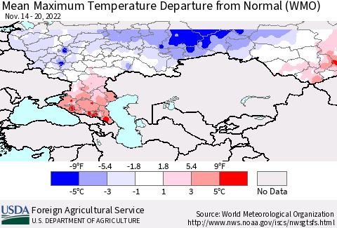 Russian Federation Mean Maximum Temperature Departure from Normal (WMO) Thematic Map For 11/14/2022 - 11/20/2022