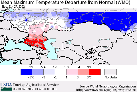 Russian Federation Mean Maximum Temperature Departure from Normal (WMO) Thematic Map For 11/21/2022 - 11/27/2022
