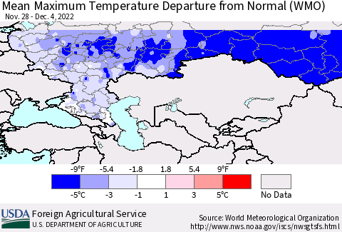 Russian Federation Mean Maximum Temperature Departure from Normal (WMO) Thematic Map For 11/28/2022 - 12/4/2022