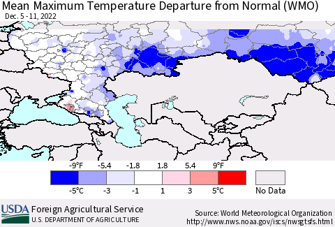 Russian Federation Mean Maximum Temperature Departure from Normal (WMO) Thematic Map For 12/5/2022 - 12/11/2022