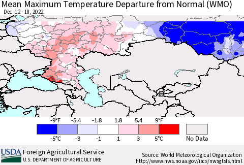 Russian Federation Mean Maximum Temperature Departure from Normal (WMO) Thematic Map For 12/12/2022 - 12/18/2022