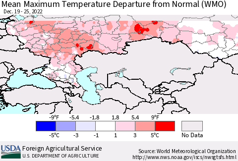 Russian Federation Mean Maximum Temperature Departure from Normal (WMO) Thematic Map For 12/19/2022 - 12/25/2022